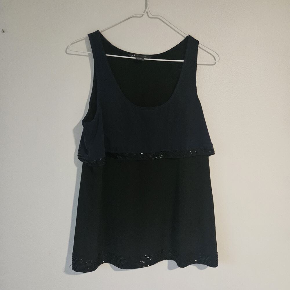 Armani Exchange AX Blue black Flowy Evening Tank Blouse Sequins Sexy Elegant EUC
